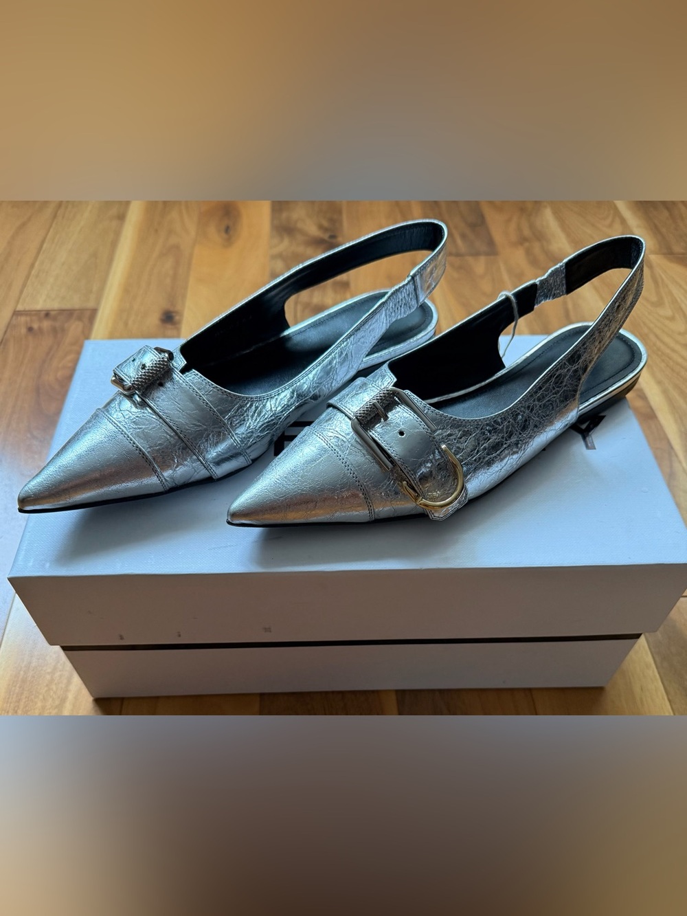 Givenchy Metallic Silver Pointed-Toe Slingback Flats with Buckle